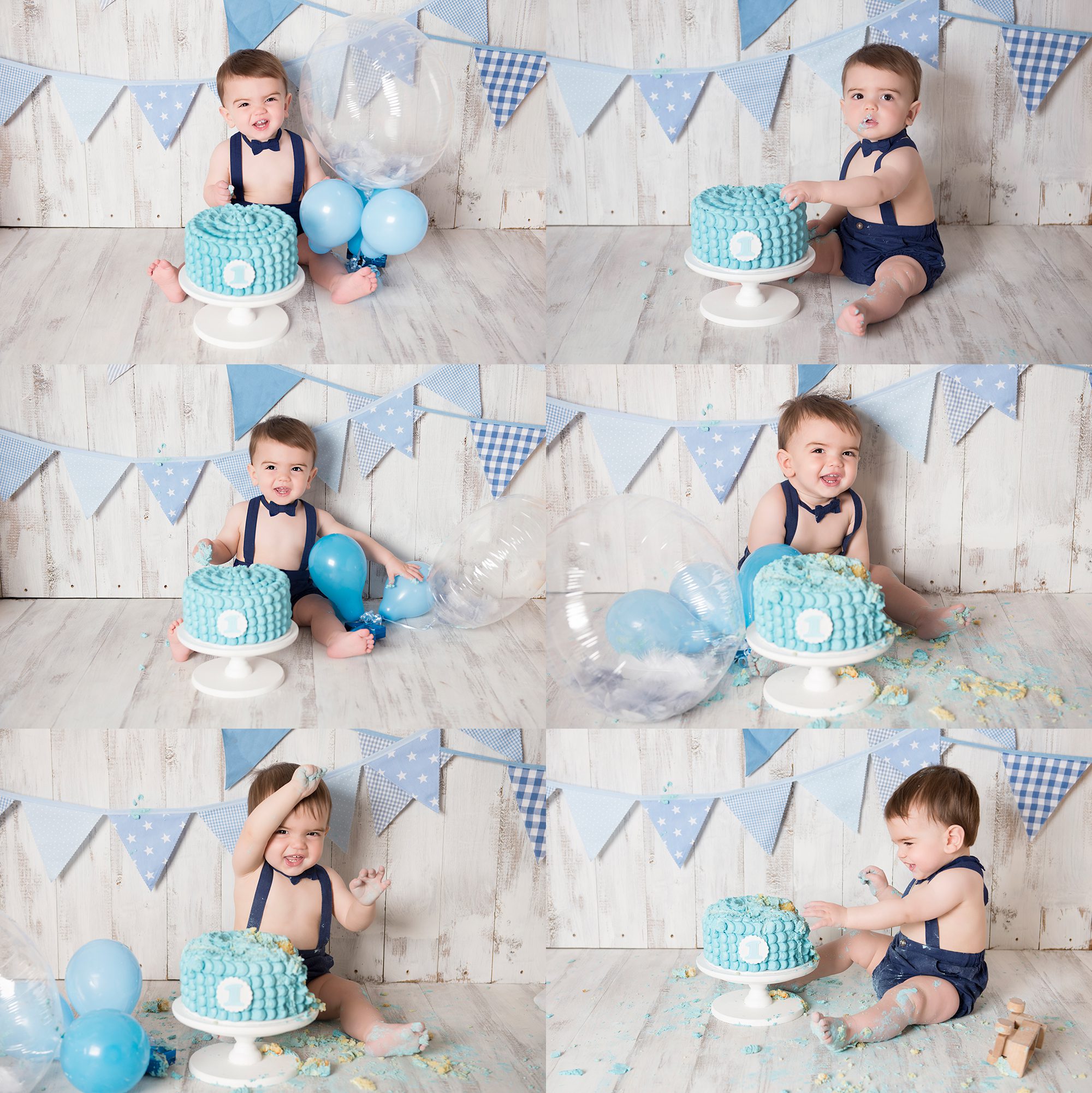 fun photos of cake smash photoshoot with blue cake and balloons by photographer in Berkshire