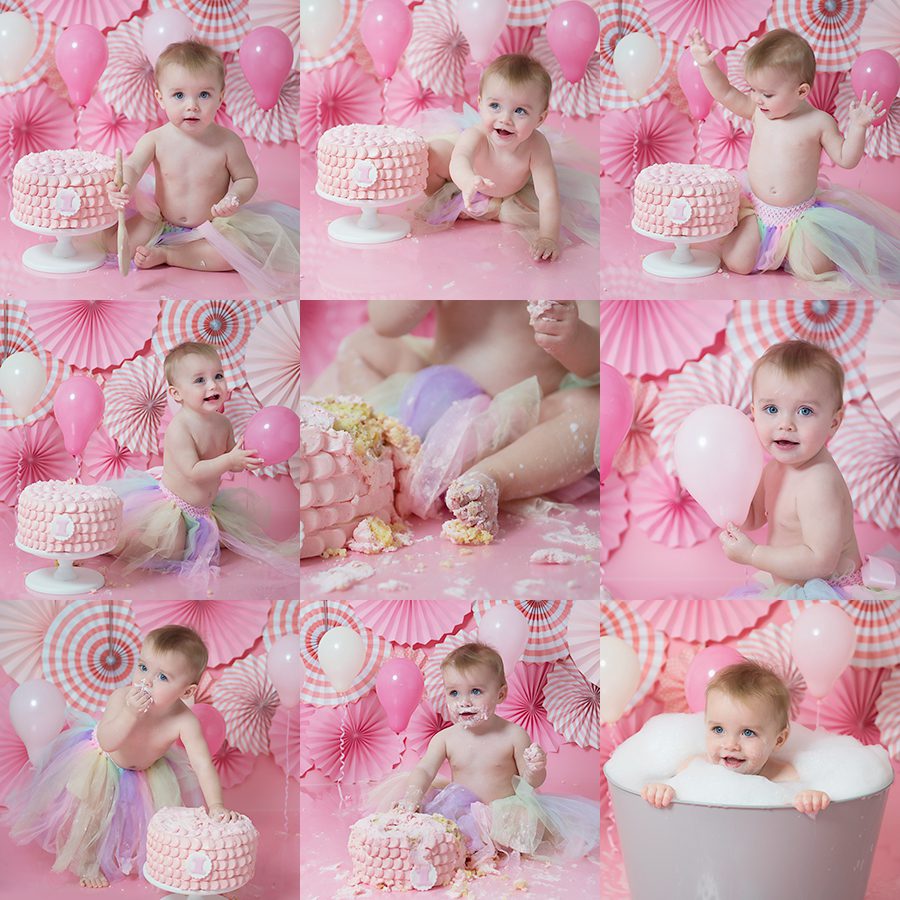 baby smashing up a pink birthday cake for cake smash photoshoot in Reading