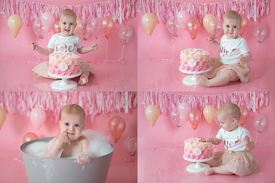 baby with pink cake on pink background for first birthday cake smash photos in Berkshire