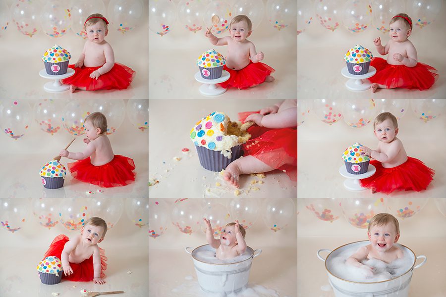 baby in red tutu with giant cupcake for first birthday cake smash photoshoot, Berkshire