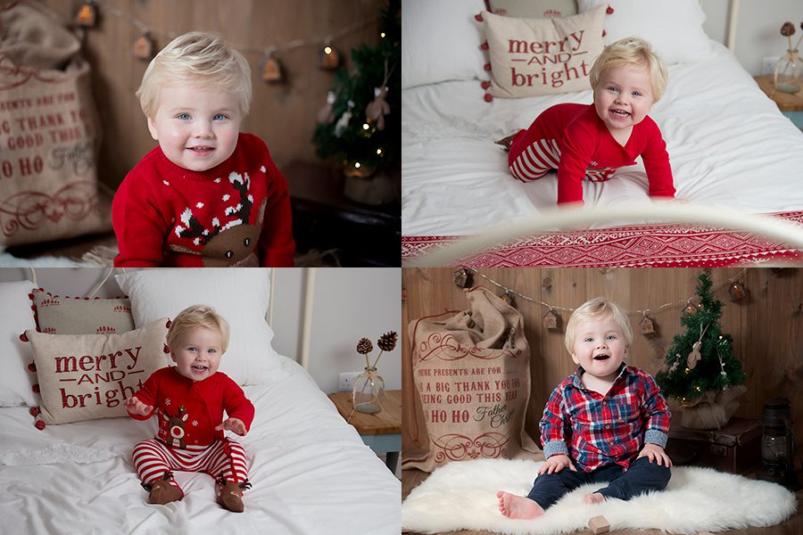 baby boy in Christmas clothes smiling for Christmas mini photoshoot, Berkshire