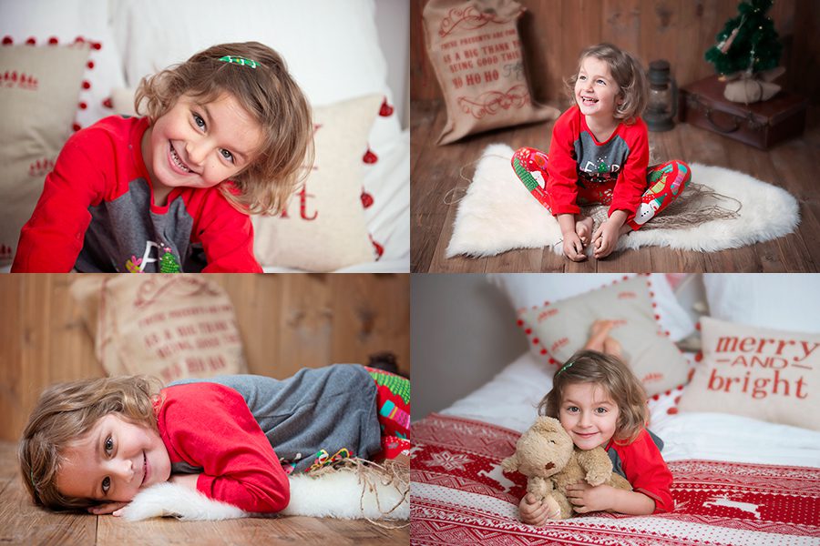 Christmas photoshoot of little girl in xmas pyjamas