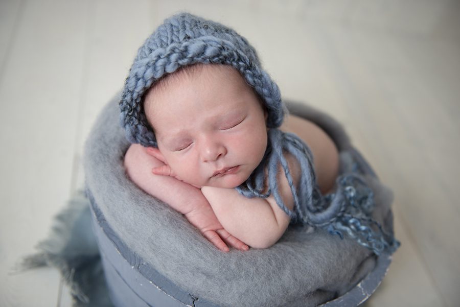Baby in blue tub, newborn photographer Maidenhead